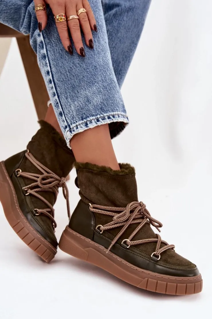 Boto Śniegowce Damskie Z Wiązaniem Ciemnozielone Isalisse Zielony