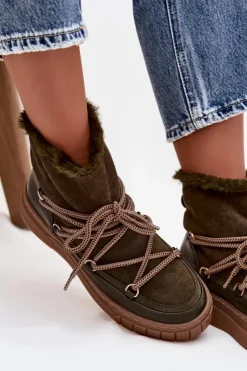 Boto Śniegowce Damskie Z Wiązaniem Ciemnozielone Isalisse Zielony