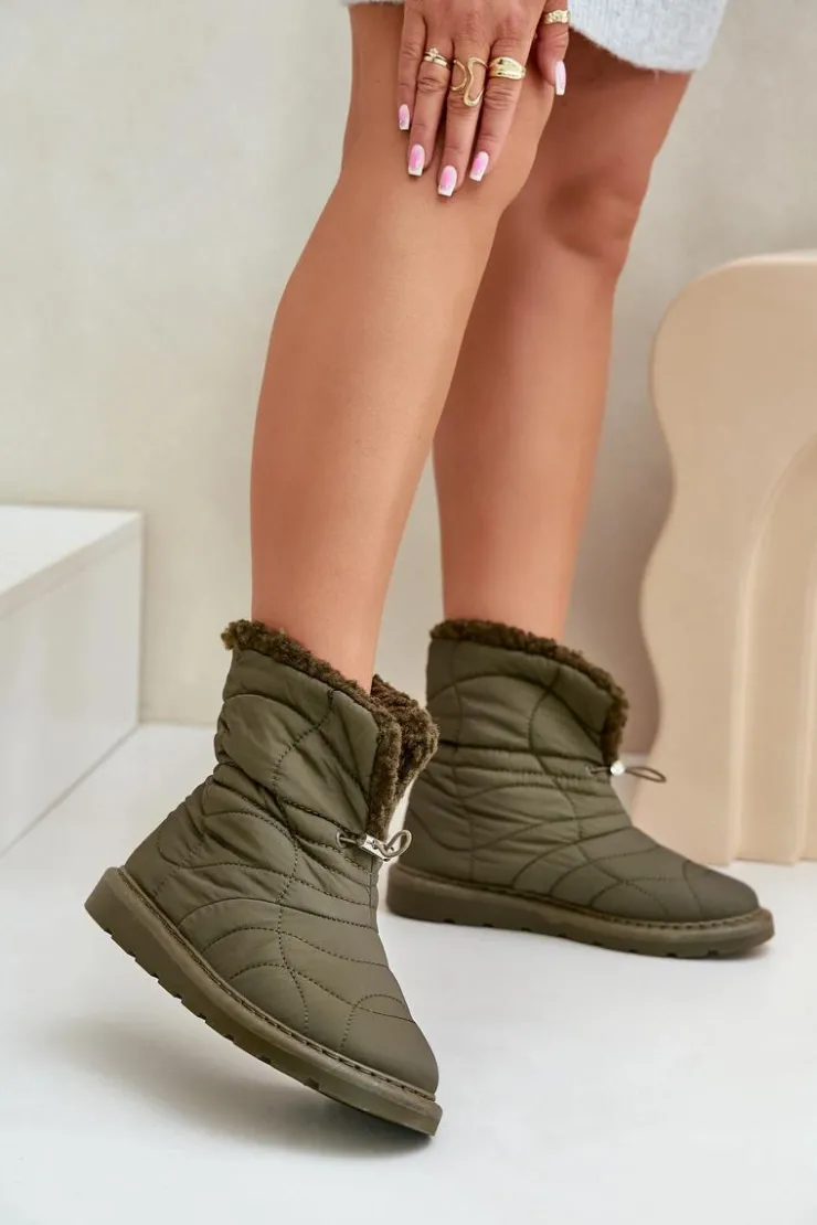 Best Boto Śniegowce Damskie Ze Ściągaczem Ocieplane Futerkiem Typu Baranek Ciemnozielone Vamidra