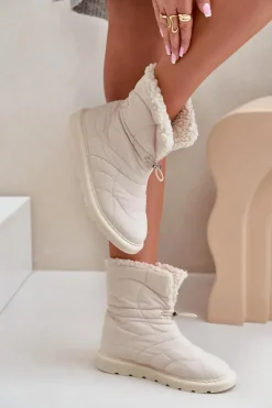 Damskie Boto Śniegowce Damskie Ze Ściągaczem Ocieplane Futerkiem Typu Baranek Jasnobeżowe Vamidra