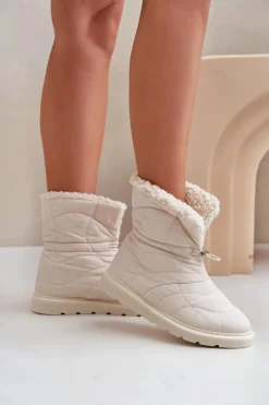 Damskie Boto Śniegowce Damskie Ze Ściągaczem Ocieplane Futerkiem Typu Baranek Jasnobeżowe Vamidra