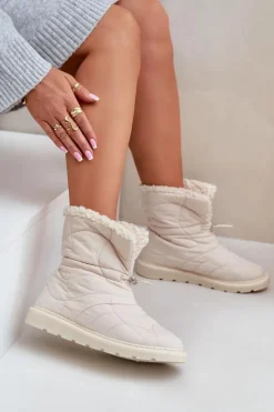 Damskie Boto Śniegowce Damskie Ze Ściągaczem Ocieplane Futerkiem Typu Baranek Jasnobeżowe Vamidra