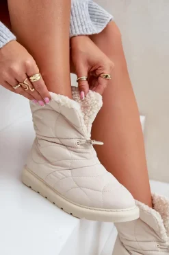 Damskie Boto Śniegowce Damskie Ze Ściągaczem Ocieplane Futerkiem Typu Baranek Jasnobeżowe Vamidra