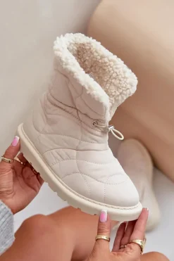 Damskie Boto Śniegowce Damskie Ze Ściągaczem Ocieplane Futerkiem Typu Baranek Jasnobeżowe Vamidra