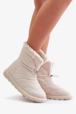 Damskie Boto Śniegowce Damskie Ze Ściągaczem Ocieplane Futerkiem Typu Baranek Jasnobeżowe Vamidra
