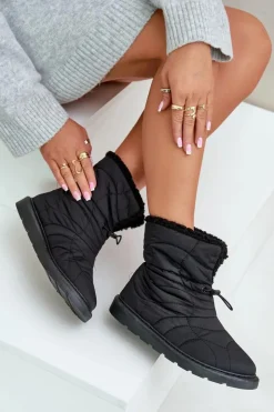 Boto Śniegowce Damskie*Śniegowce Damskie Ze Ściągaczem Ocieplane Futerkiem Typu Baranek Czarne Vamidra