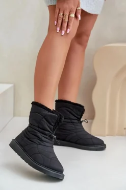 Boto Śniegowce Damskie*Śniegowce Damskie Ze Ściągaczem Ocieplane Futerkiem Typu Baranek Czarne Vamidra