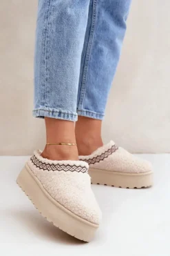 Discount Boto Śniegowce Kapcie Na Platformie Z Futerkiem Typu Baranek Jasnobeżowe Leaniella