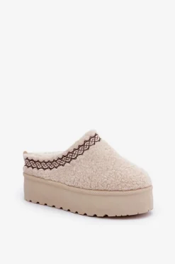 Discount Boto Śniegowce Kapcie Na Platformie Z Futerkiem Typu Baranek Jasnobeżowe Leaniella