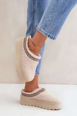 Discount Boto Śniegowce Kapcie Na Platformie Z Futerkiem Typu Baranek Jasnobeżowe Leaniella