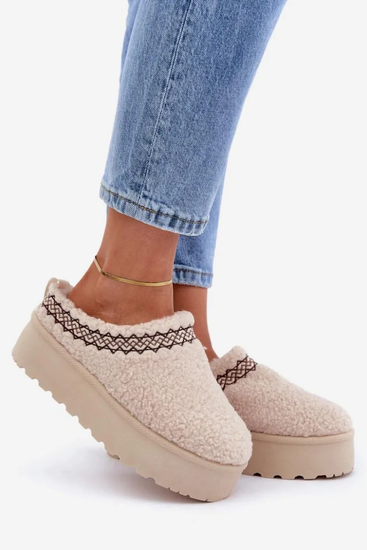 Discount Boto Śniegowce Kapcie Na Platformie Z Futerkiem Typu Baranek Jasnobeżowe Leaniella