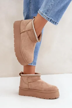 Boto Śniegowce Damskie*Śniegowce Na Platformie Z Ozdobnym Haftem Beżowe Heslania