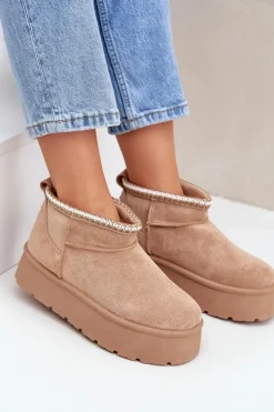 Boto Śniegowce Damskie*Śniegowce Na Platformie Z Ozdobnym Haftem Beżowe Heslania