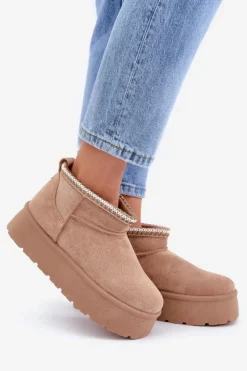 Boto Śniegowce Damskie*Śniegowce Na Platformie Z Ozdobnym Haftem Beżowe Heslania