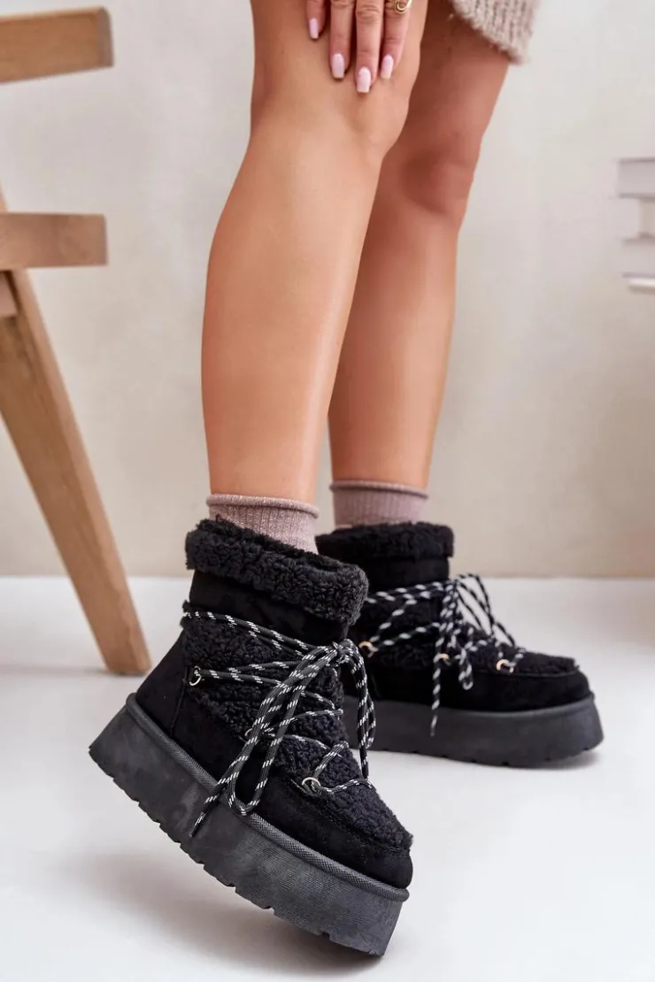 Damskie Boto Śniegowce Na Platformie Z Wiązaniem Czarne Izathiel