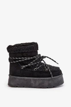 Damskie Boto Śniegowce Na Platformie Z Wiązaniem Czarne Izathiel