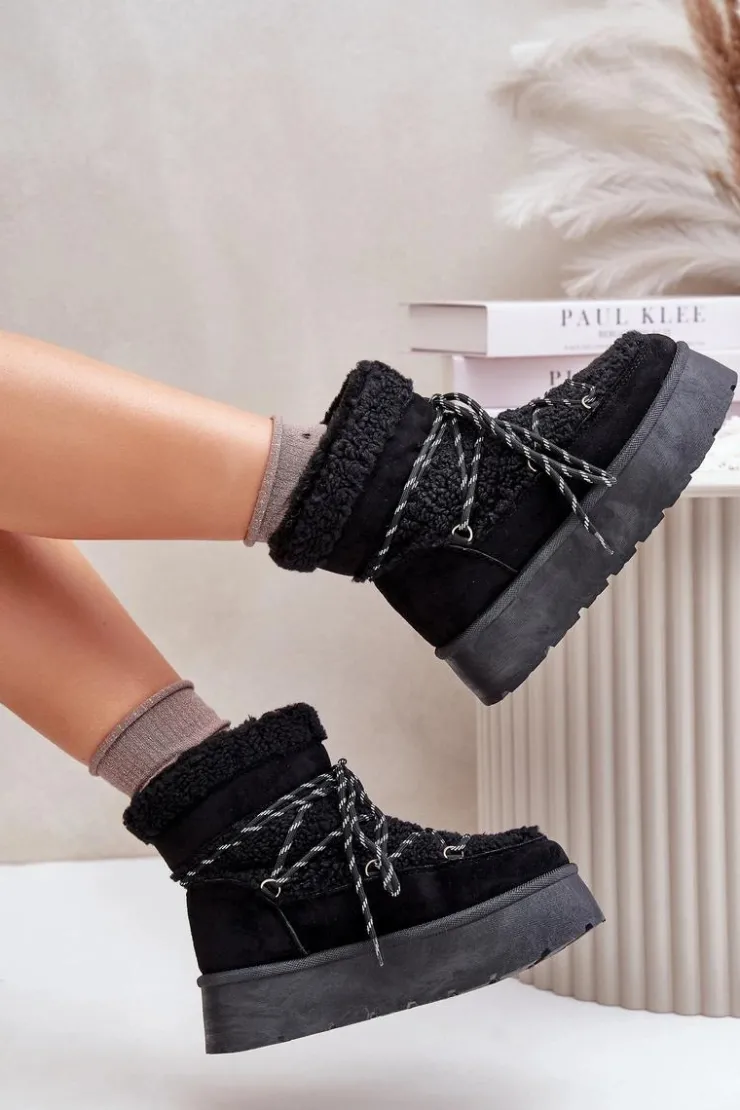 Damskie Boto Śniegowce Na Platformie Z Wiązaniem Czarne Izathiel
