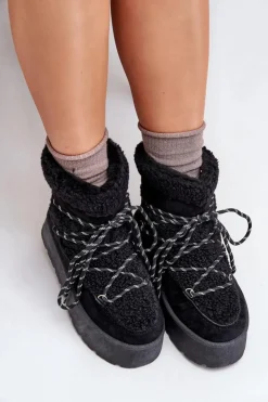 Damskie Boto Śniegowce Na Platformie Z Wiązaniem Czarne Izathiel