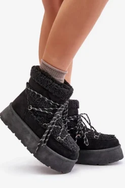 Damskie Boto Śniegowce Na Platformie Z Wiązaniem Czarne Izathiel
