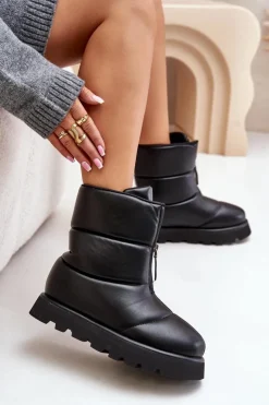 Damskie Boto Śniegowce Na Platformie Z Zamkiem Eko Skórzane Czarne Resisia