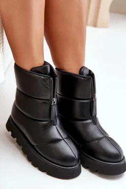 Damskie Boto Śniegowce Na Platformie Z Zamkiem Eko Skórzane Czarne Resisia