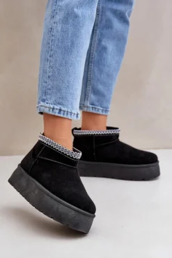 Boto Śniegowce Damskie*Śniegowce Na Platformie Z Ozdobnym Haftem Czarne Heslania