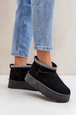 Boto Śniegowce Damskie*Śniegowce Na Platformie Z Ozdobnym Haftem Czarne Heslania