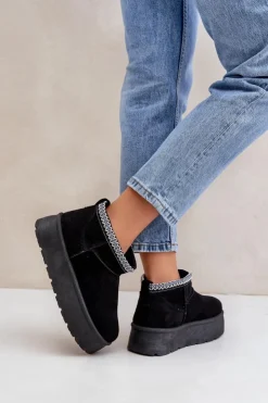 Boto Śniegowce Damskie*Śniegowce Na Platformie Z Ozdobnym Haftem Czarne Heslania