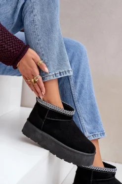 Boto Śniegowce Damskie*Śniegowce Na Platformie Z Ozdobnym Haftem Czarne Heslania