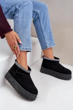 Boto Śniegowce Damskie*Śniegowce Na Platformie Z Ozdobnym Haftem Czarne Heslania