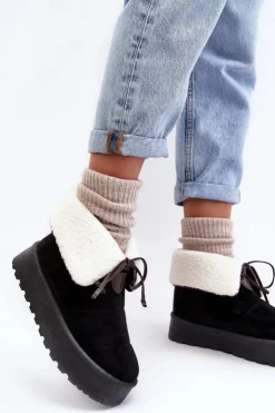 Boto Śniegowce Damskie*Śniegowce Na Platformie Z Kożuchem Czarne Olimuka Czarny