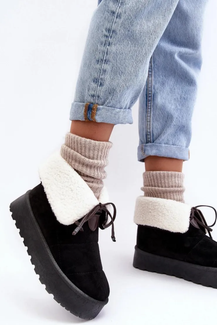 Boto Śniegowce Damskie*Śniegowce Na Platformie Z Kożuchem Czarne Olimuka Czarny