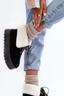 Boto Śniegowce Damskie*Śniegowce Na Platformie Z Kożuchem Czarne Olimuka Czarny