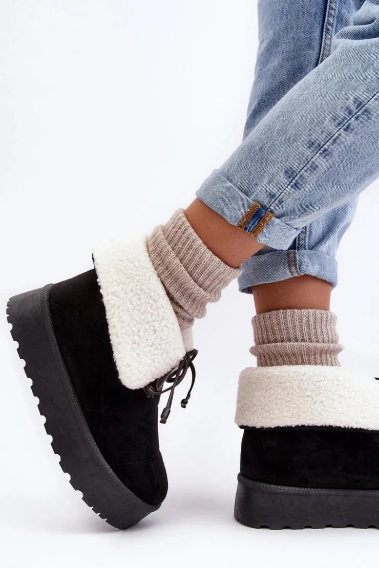 Boto Śniegowce Damskie*Śniegowce Na Platformie Z Kożuchem Czarne Olimuka Czarny