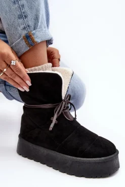 Boto Śniegowce Damskie*Śniegowce Na Platformie Z Kożuchem Czarne Olimuka Czarny