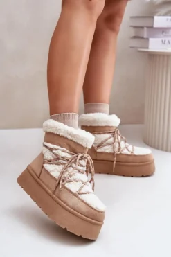 Boto Śniegowce Damskie*Śniegowce Na Platformie Z Wiązaniem Beżowe Izathiel