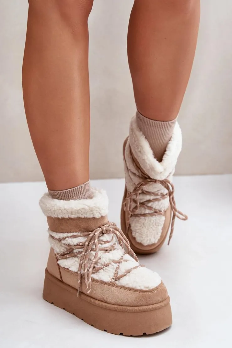 Boto Śniegowce Damskie*Śniegowce Na Platformie Z Wiązaniem Beżowe Izathiel