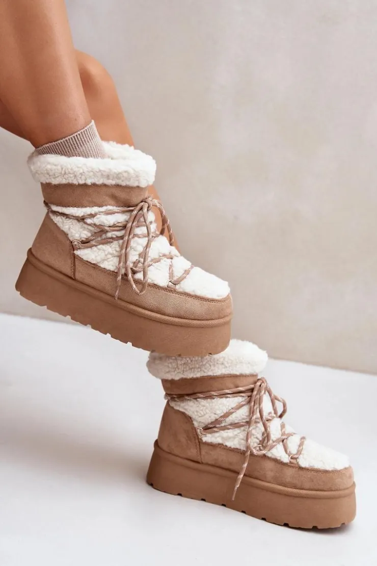 Boto Śniegowce Damskie*Śniegowce Na Platformie Z Wiązaniem Beżowe Izathiel