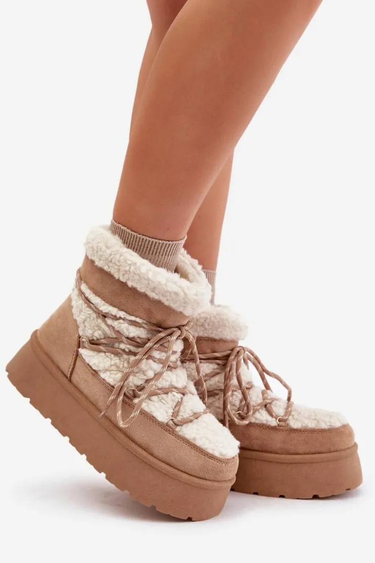 Boto Śniegowce Damskie*Śniegowce Na Platformie Z Wiązaniem Beżowe Izathiel