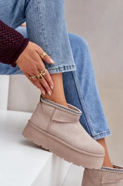 Damskie Boto Śniegowce Na Platformie Z Ozdobnym Haftem Jasnobeżowe Heslania