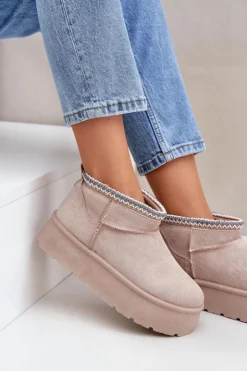 Damskie Boto Śniegowce Na Platformie Z Ozdobnym Haftem Jasnobeżowe Heslania