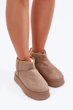 Boto Śniegowce Damskie*Śniegowce Na Platformie Z Eko Zamszu Ciemnobeżowe Vlivana