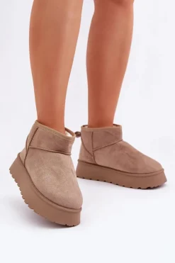 Boto Śniegowce Damskie*Śniegowce Na Platformie Z Eko Zamszu Ciemnobeżowe Vlivana