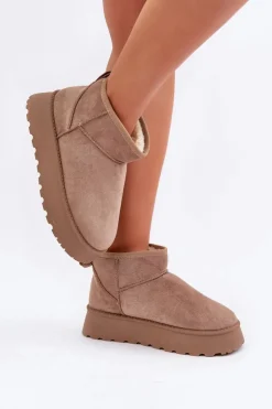 Boto Śniegowce Damskie*Śniegowce Na Platformie Z Eko Zamszu Ciemnobeżowe Vlivana