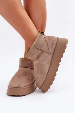 Boto Śniegowce Damskie*Śniegowce Na Platformie Z Eko Zamszu Ciemnobeżowe Vlivana