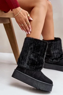 New Evento Śniegowce Na Platformie Z Wywiniętą Cholewką Czarne Lisonea