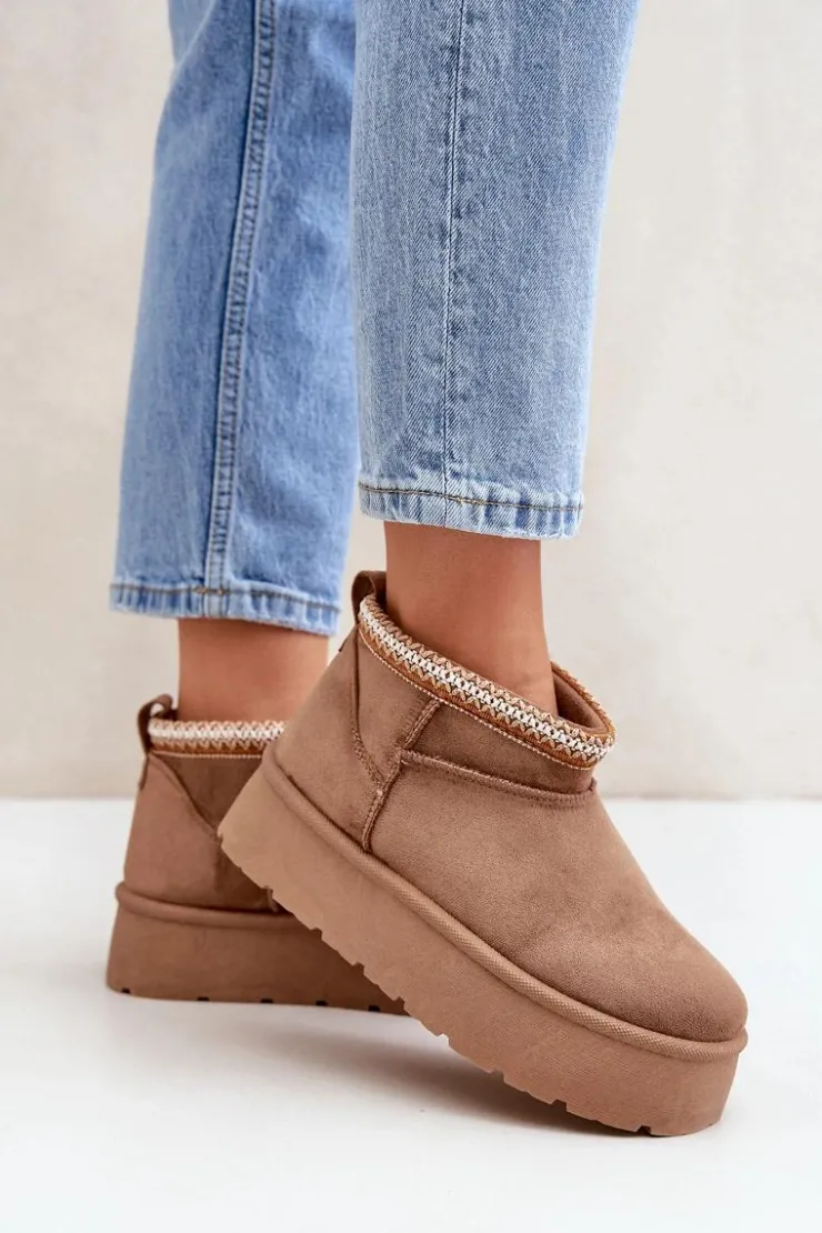 Sale Boto Śniegowce Na Platformie Z Ozdobnym Haftem Brązowe Heslania