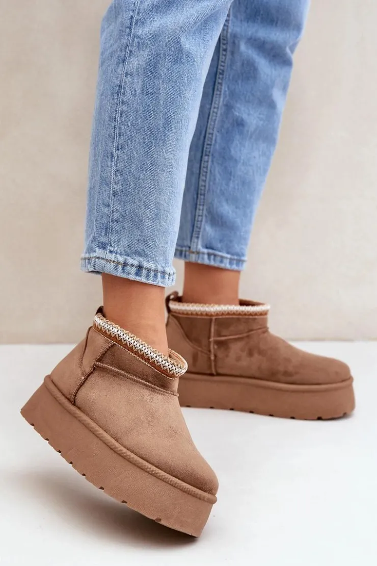 Sale Boto Śniegowce Na Platformie Z Ozdobnym Haftem Brązowe Heslania