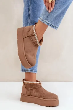 Sale Boto Śniegowce Na Platformie Z Ozdobnym Haftem Brązowe Heslania