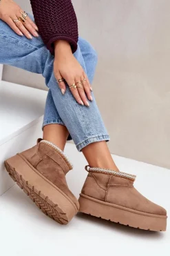 Sale Boto Śniegowce Na Platformie Z Ozdobnym Haftem Brązowe Heslania